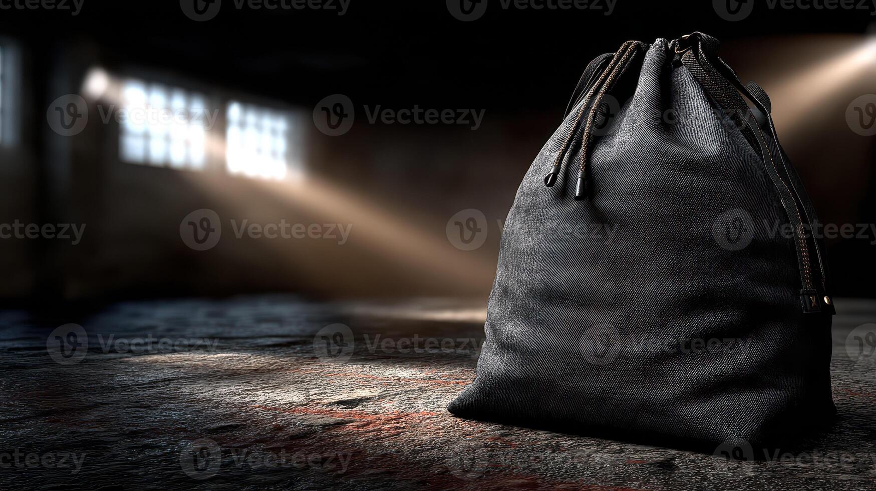 Dark leather bag rests on a gritty floor with soft light streaming through windows in an abandoned space photo