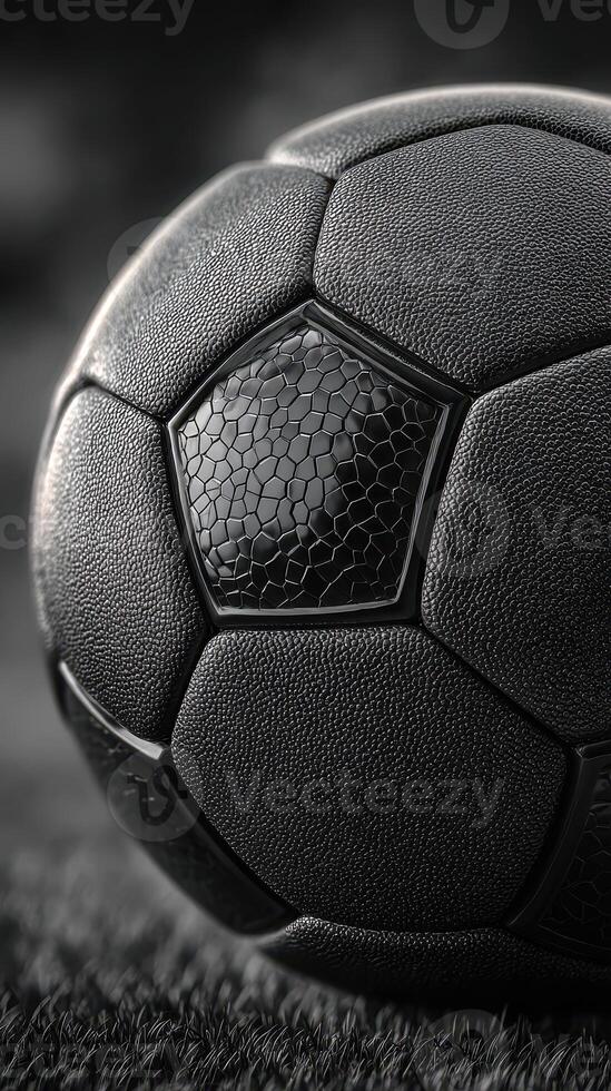 Soccer ball resting on grass field during an overcast day in the early morning light photo