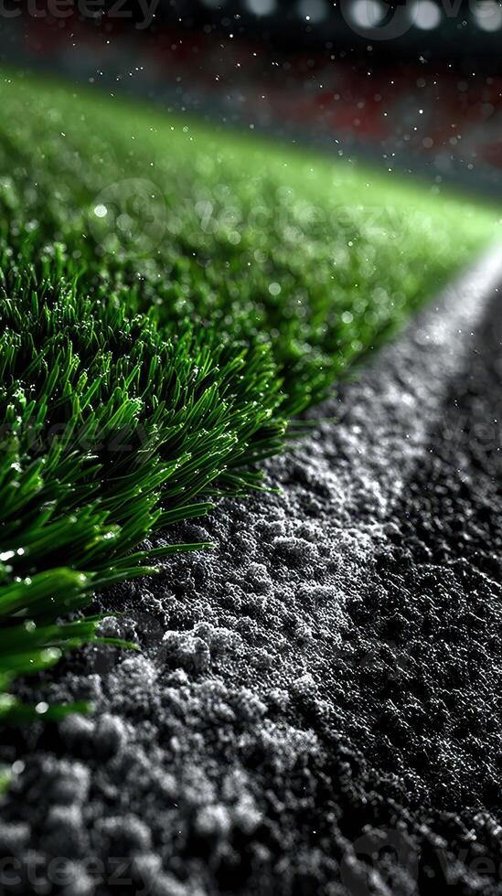 Close-up view of vibrant grass and white chalk line on a sports field during a rainy day in the evening photo