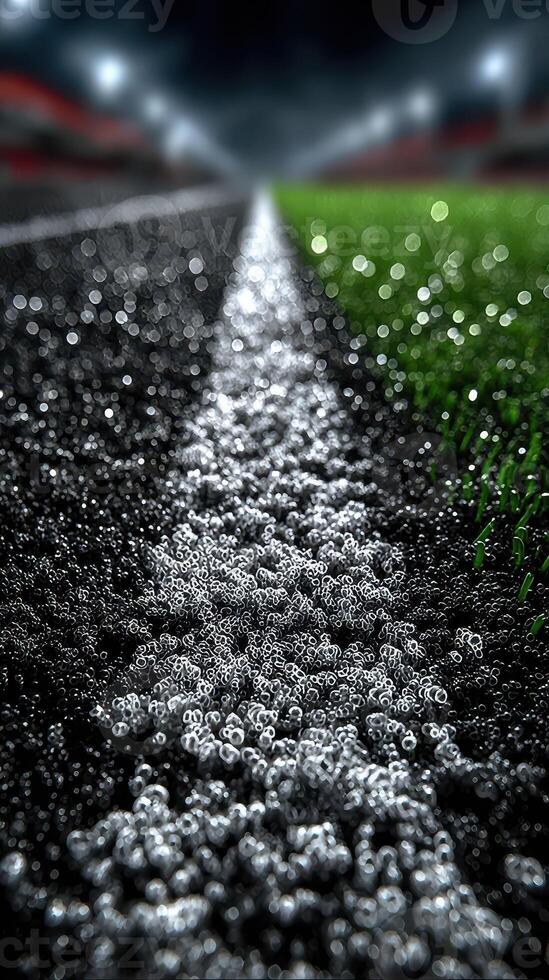 Field markings glistening with raindrops at a stadium before an evening match photo