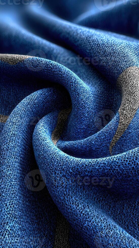 Close-up view of textured blue fabric with intricate patterns and soft folds under natural light photo