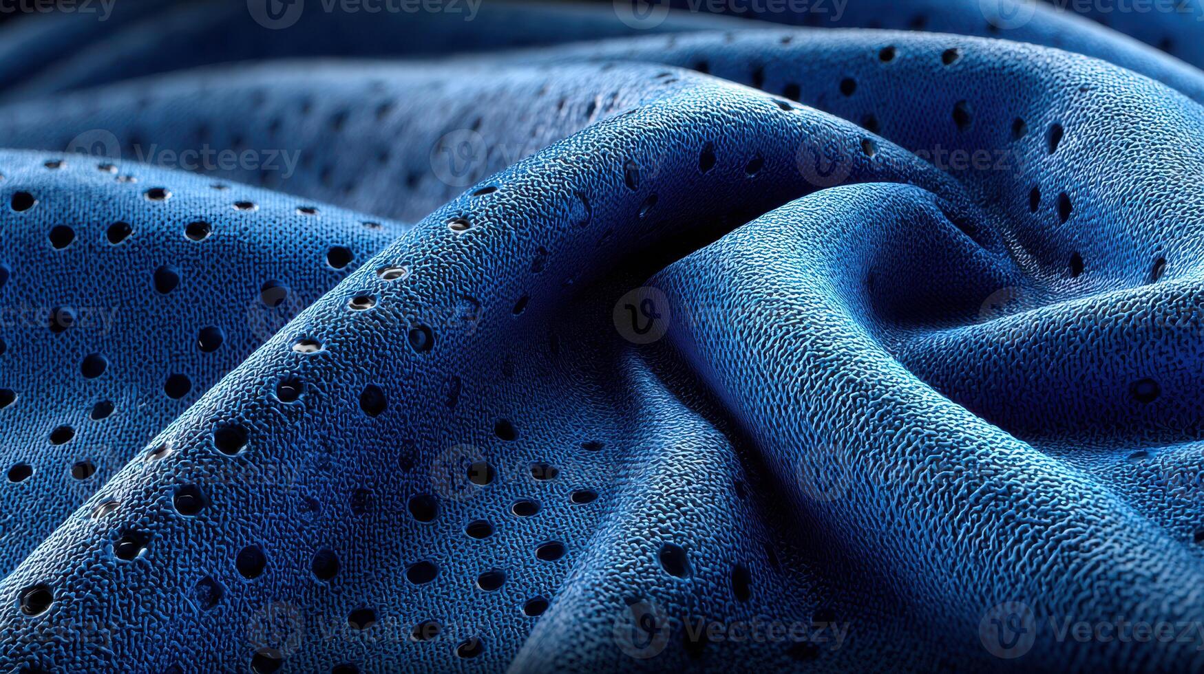 Close-up view of textured blue fabric with perforations showcasing light and shadow in a soft and intricate pattern photo