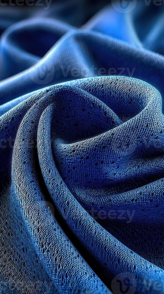 Textured blue fabric with intricate patterns and folds captured in soft lighting for artistic display photo