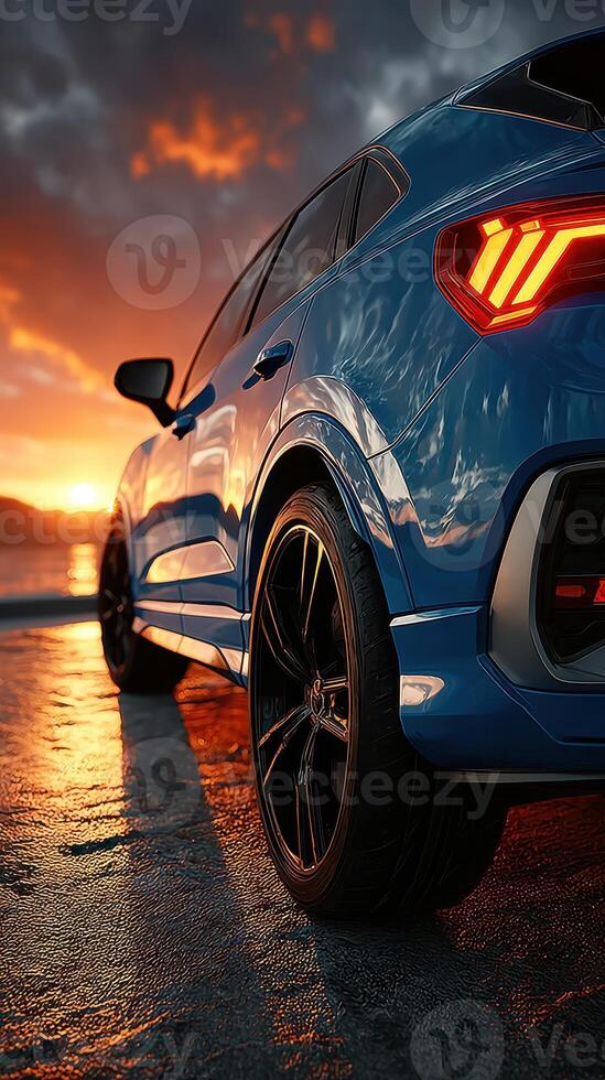 Golden sunset reflects off a blue car parked by the water near the shoreline in the evening photo