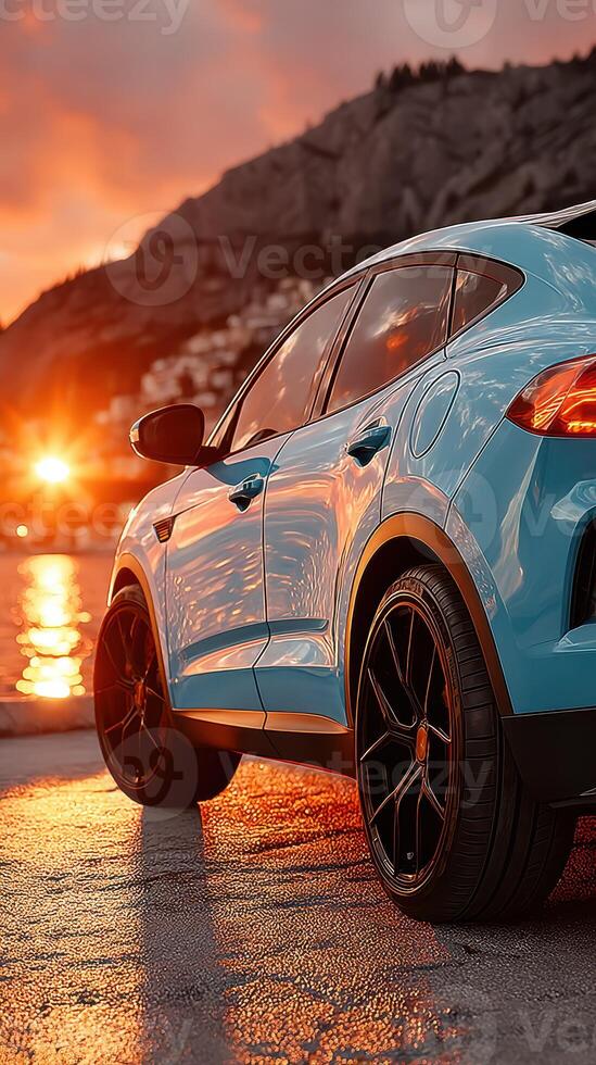Car parked by the shore at sunset with vibrant colors reflecting on the water photo