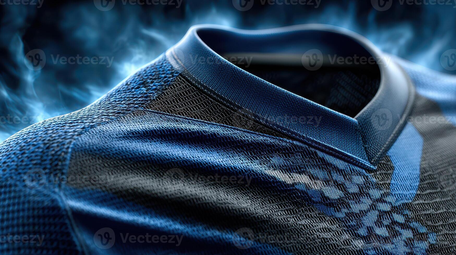 Detailed view of a blue and black sports jersey showcasing intricate fabric design and collar features photo