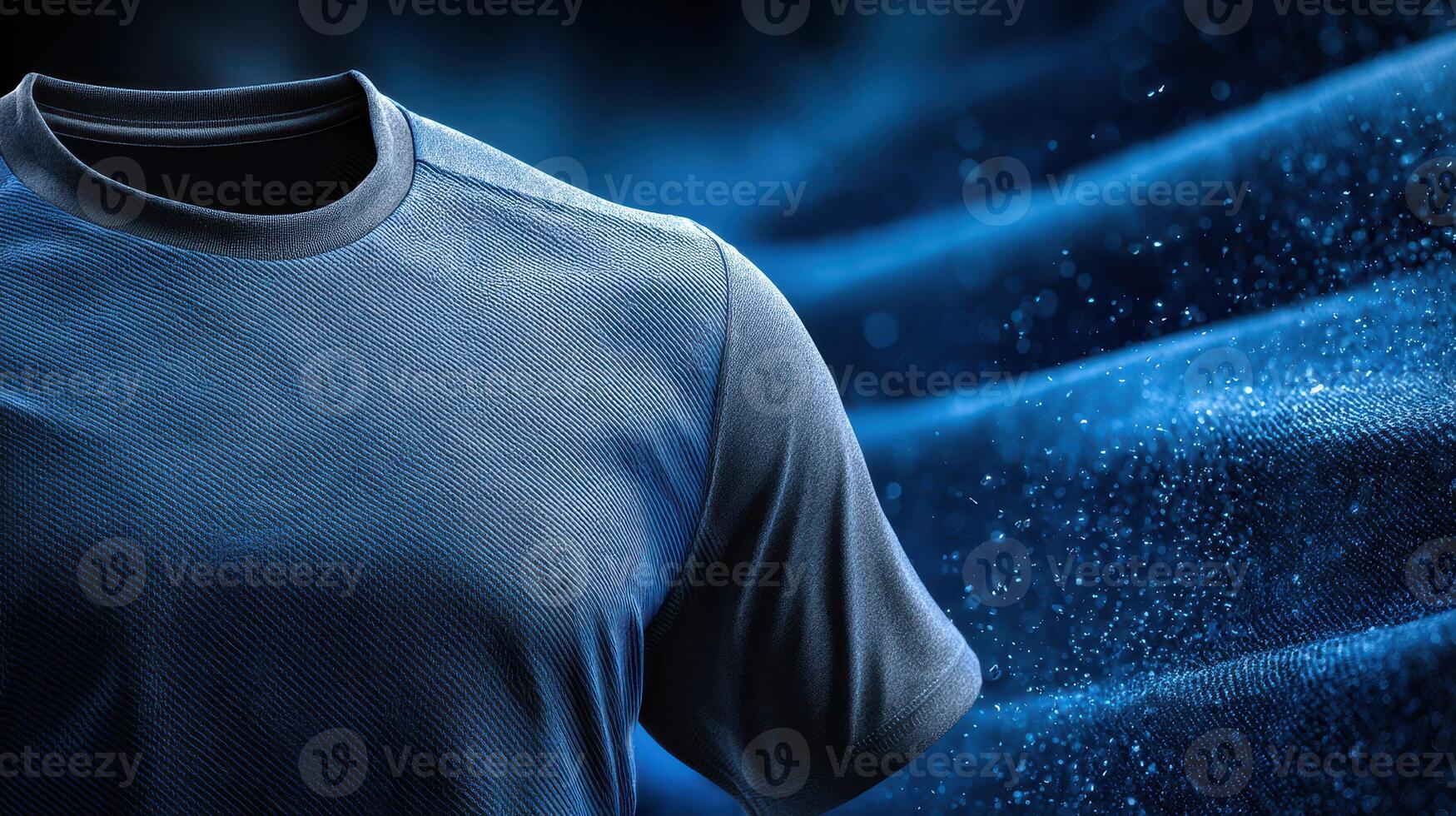 Sporty blue shirt with dynamic fabric movement and high-tech appearance against a dark background photo