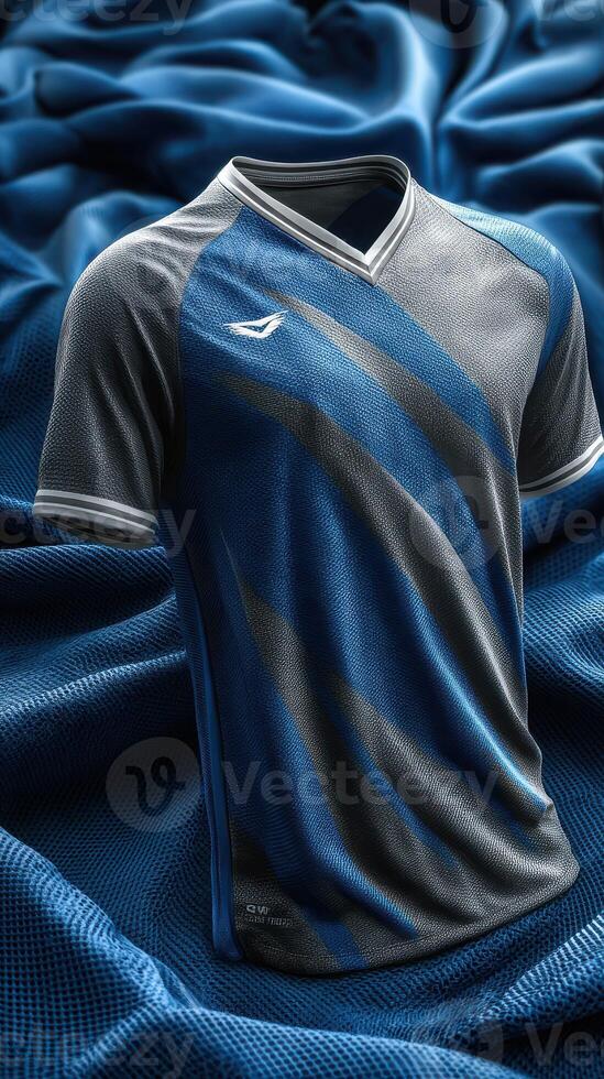 Stylish sports jersey in blue and gray fabric on textured background creating a dynamic visual effect photo
