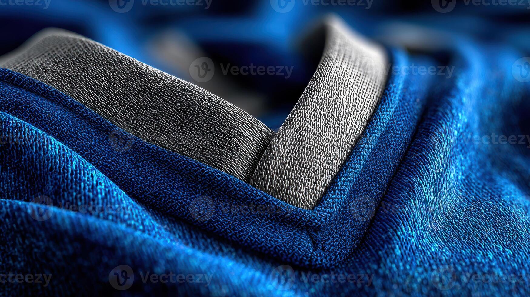 Close-up view of soft fabric showcasing vibrant blue texture and gray details in a textile studio photo
