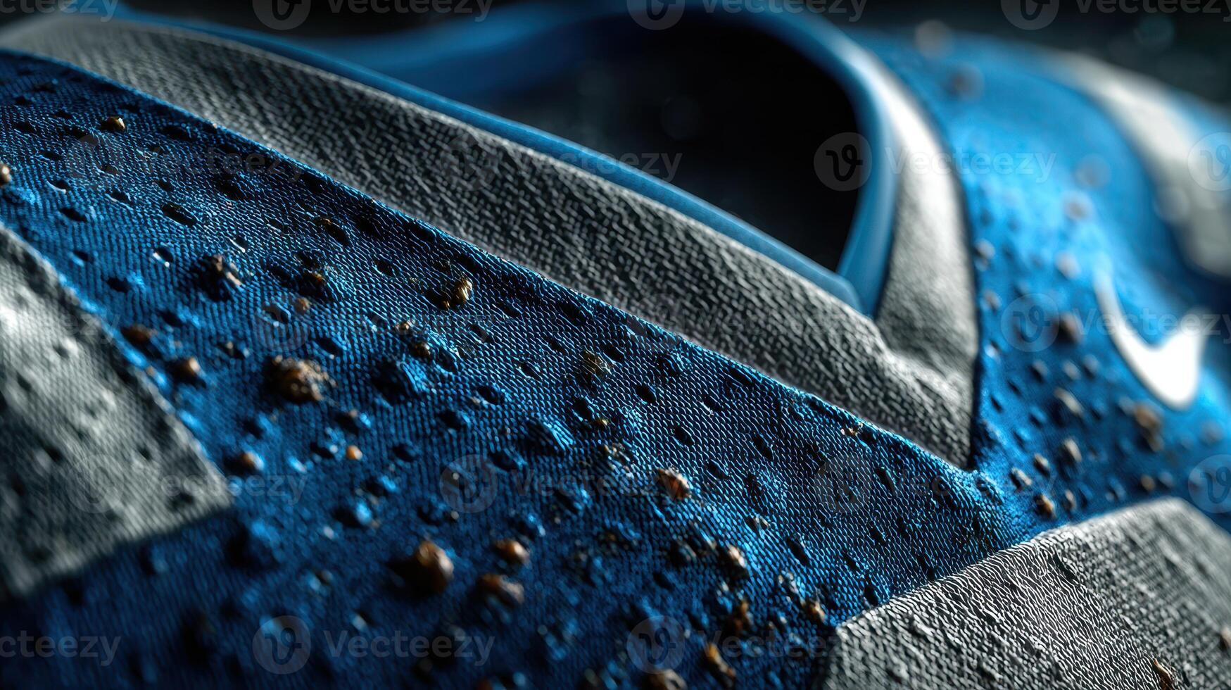 Close-up view of blue soccer shoe showcasing texture and details under dramatic lighting photo