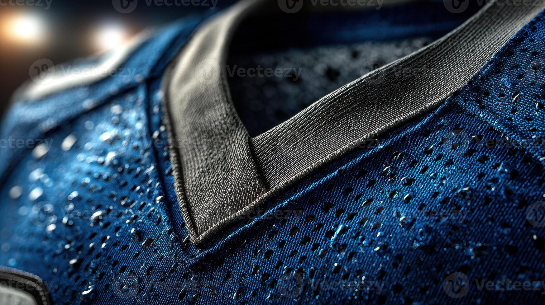 Close-up view of a detailed sports jersey fabric highlighting moisture-wicking technology in a vibrant blue color photo