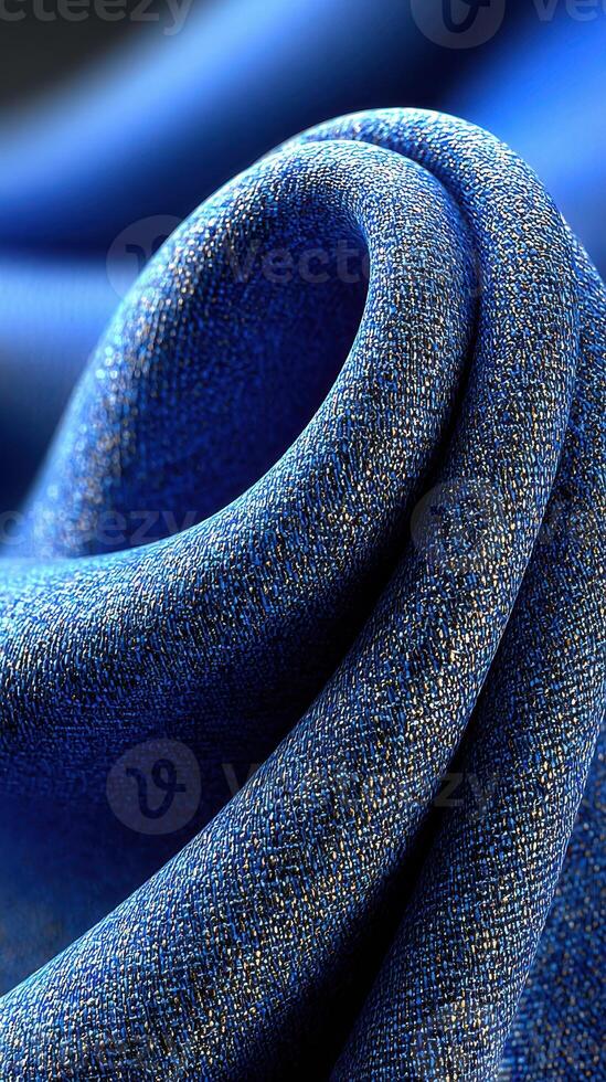 Blue fabric displays intricate texture of woven denim material in close-up detail under soft lighting photo