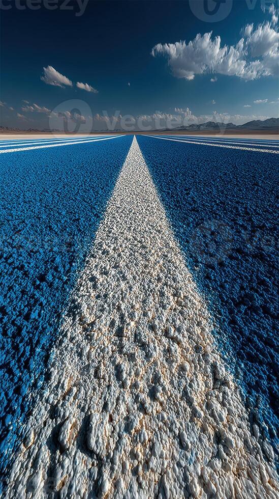 Expansive blue salt flat under a vibrant sky with captivating clouds near a distant mountain range photo