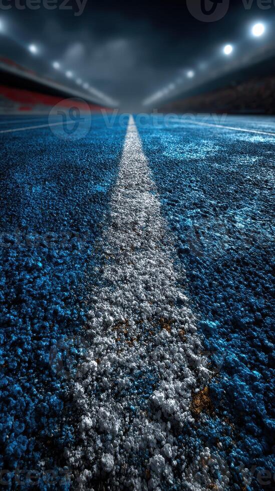 Long empty road under a dramatic sky at night with bright lights illuminating the distance photo