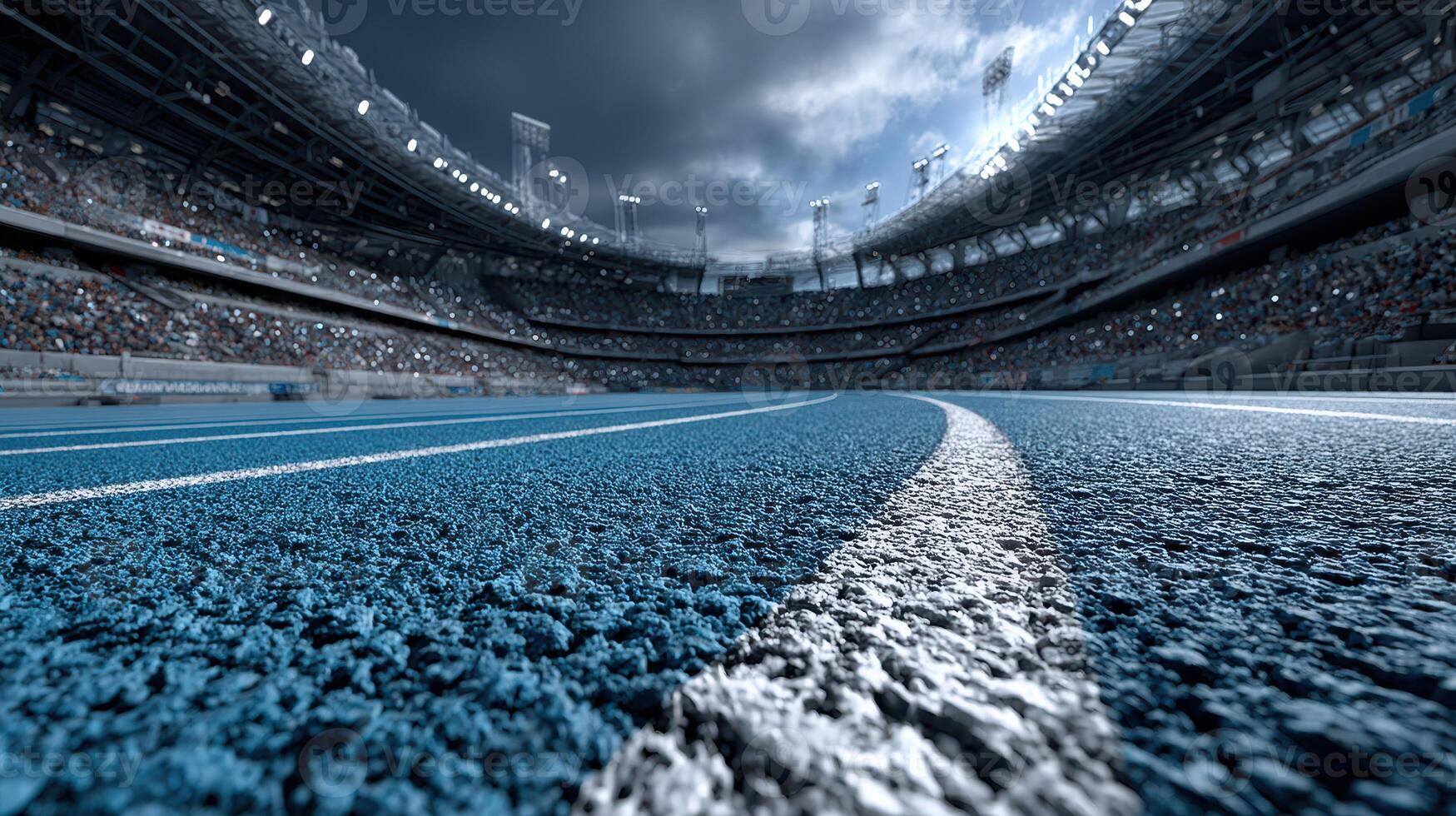 Track and field stadium illuminated under cloudy sky ready for an athletic event photo