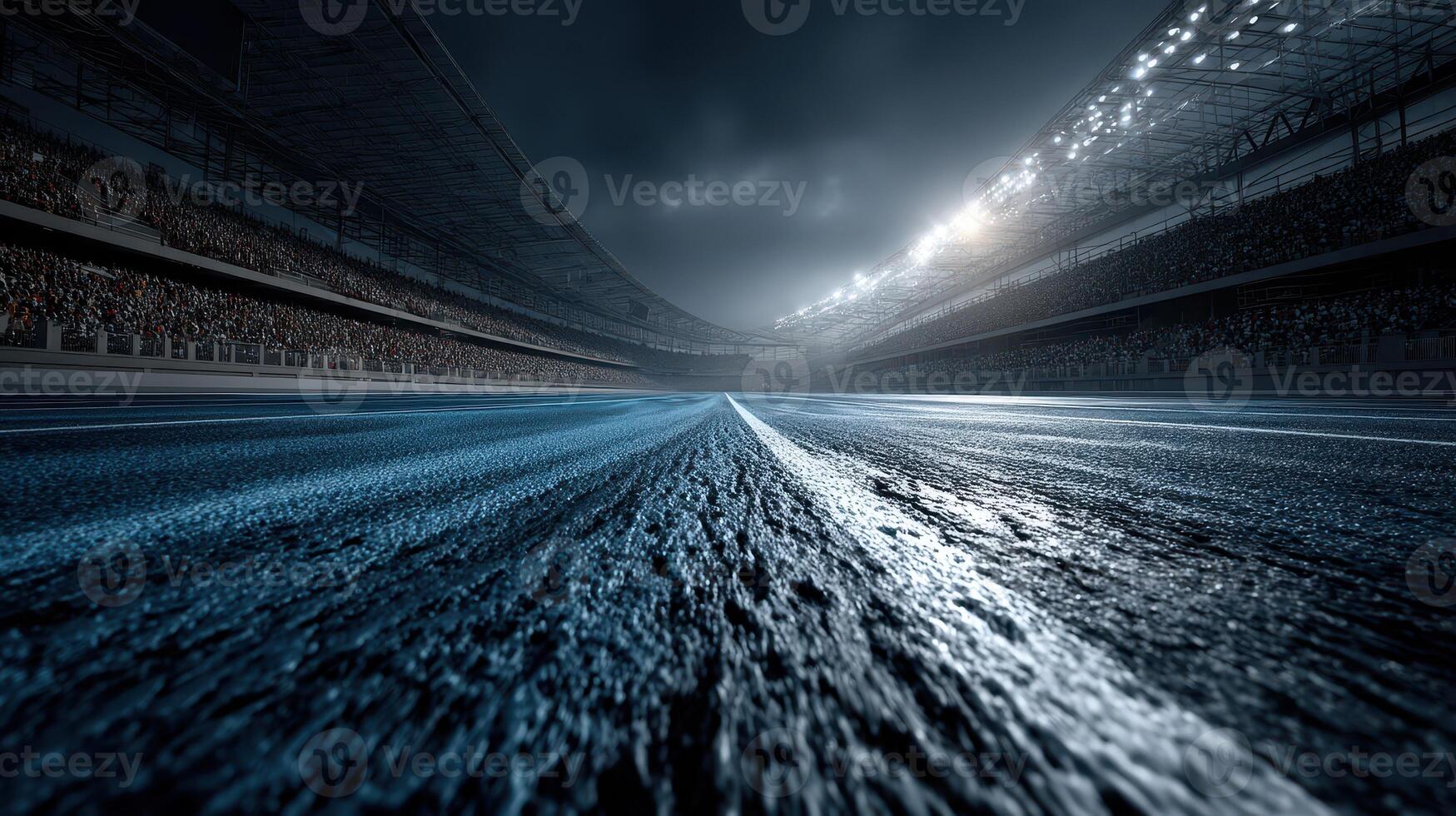 Race track under artificial lights with empty stands and a dramatic sky before an event begins photo