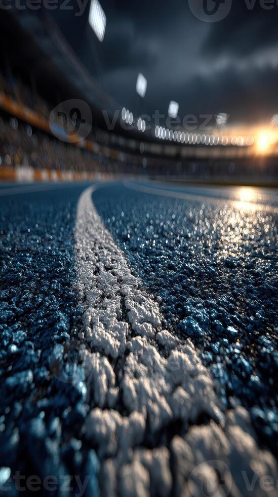 Racing tracks in an empty stadium during twilight with bright lights illuminating the scene photo