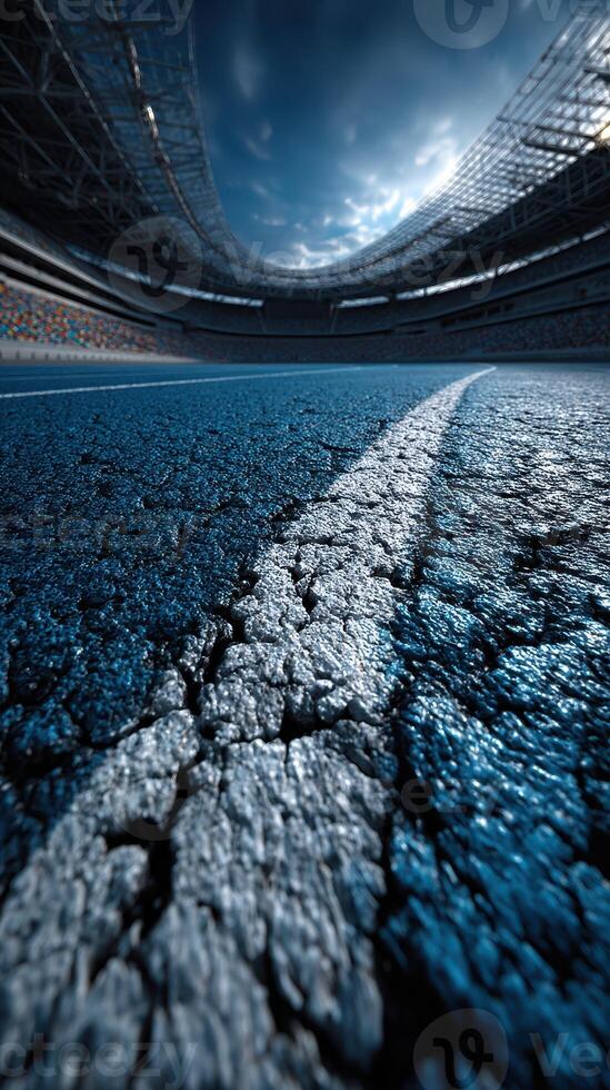 Cracked track surface inside a modern stadium under a dramatic sky just before an event photo