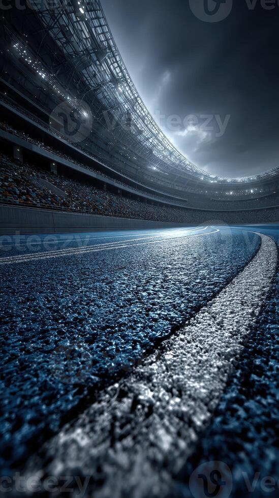 Modern stadium with a stunning curved track illuminated under a dramatic sky at twilight photo