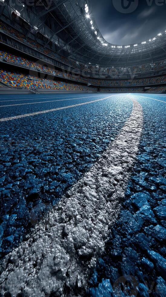 Stunning view of an empty stadium with focus on the blue track and white lane line during twilight hours photo