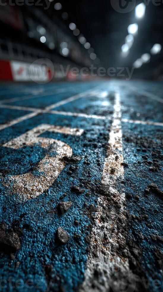 Track surface showing wear and tear, revealing a textured blue path in an indoor athletics facility during twilight photo