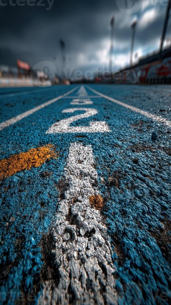 Track surface with lane markings under an overcast sky during an athletic event at a sports facility photo