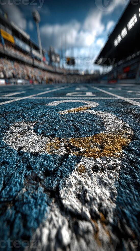 Vibrant racetrack detail highlighting pavement markings at a lively motorsport event held in an expansive stadium during the afternoon photo