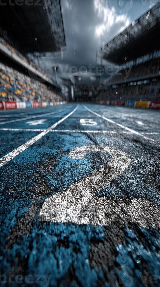 Running track highlighted by stormy skies at a stadium during a competitive event in the afternoon photo