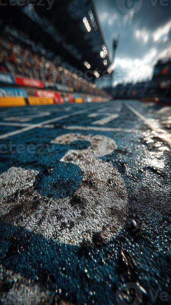 Exciting racing moment captured at the finish line with a focus on the track number in a vibrant atmosphere photo