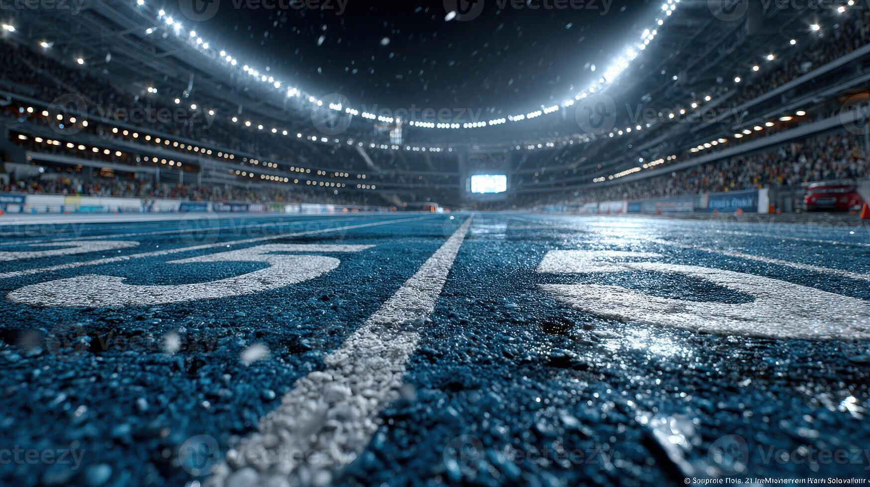 Athletes prepare for the upcoming race on the track marked with bright blue lines in a modern stadium during a rainy evening event photo