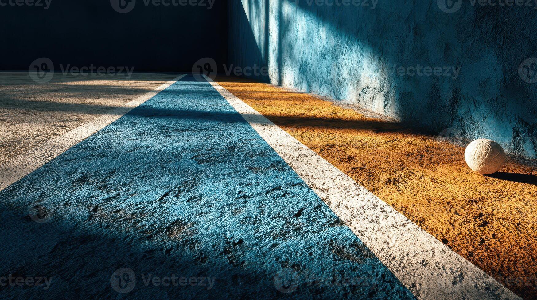 Court with vibrant markings and a single ball resting in the corner during late afternoon light photo