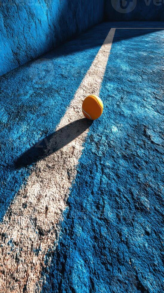 Vibrant orange ball resting on textured blue surface with contrasting white line during afternoon light photo