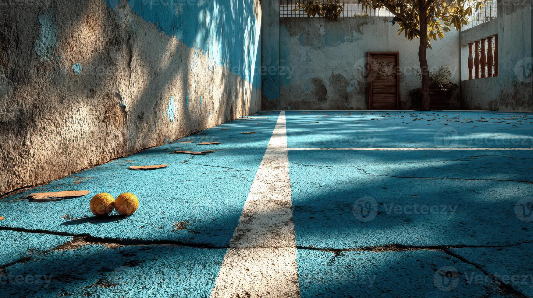 Colorful blue court with two yellow tennis balls resting on the ground in an abandoned outdoor area photo