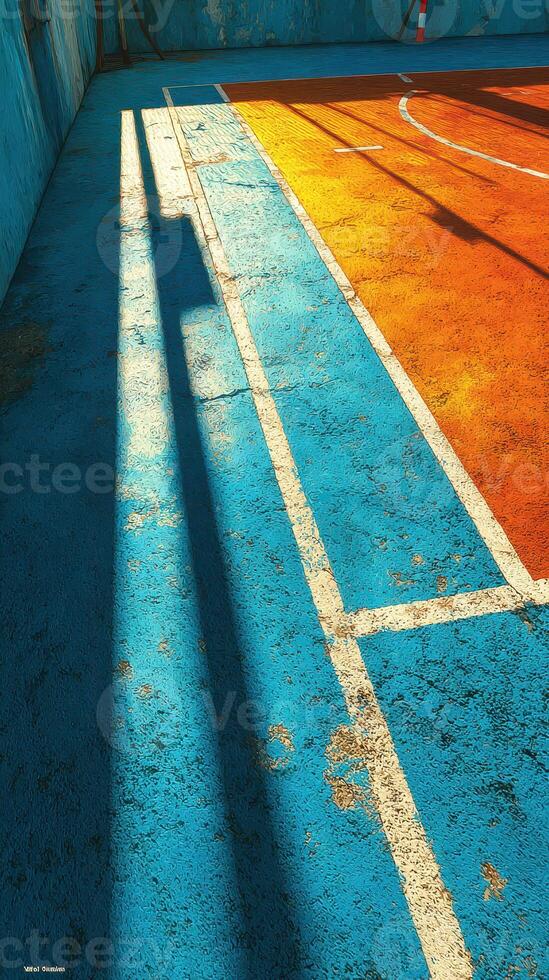 Colorful urban sports court with sunlit lines and shadows during afternoon photo