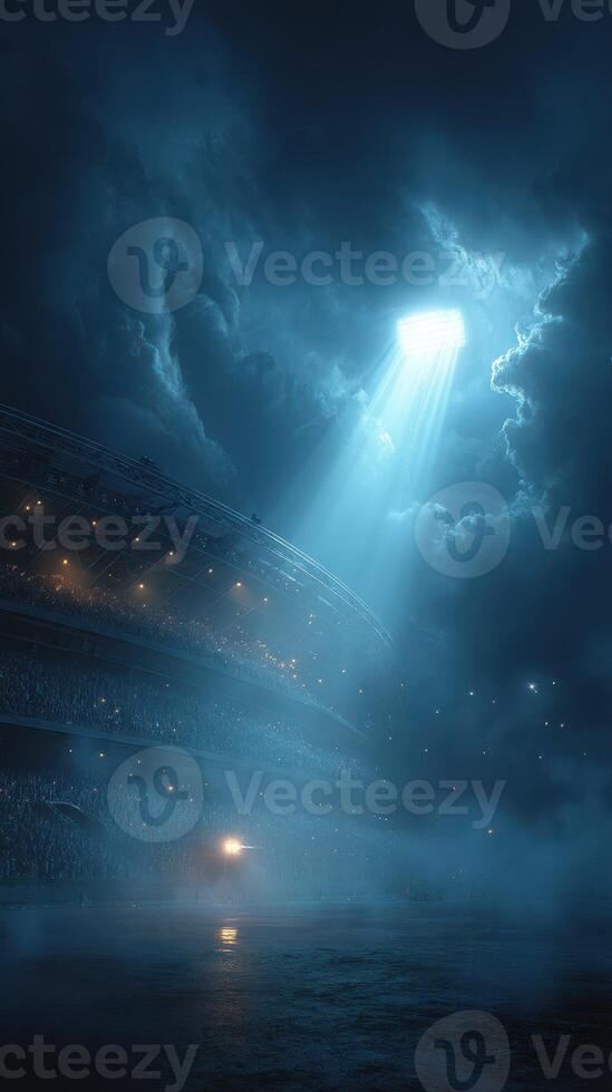 Dark and mystical stadium illuminated by bright lights with dramatic clouds overhead during an evening event photo