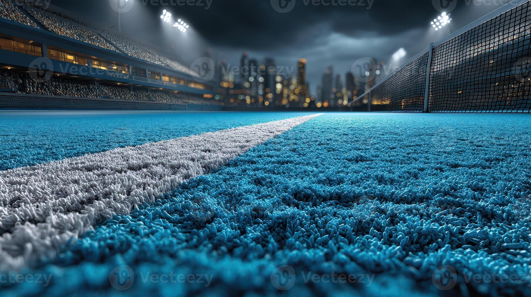 City skyline at night with a blue tennis court and bright stadium lights illuminating the area photo