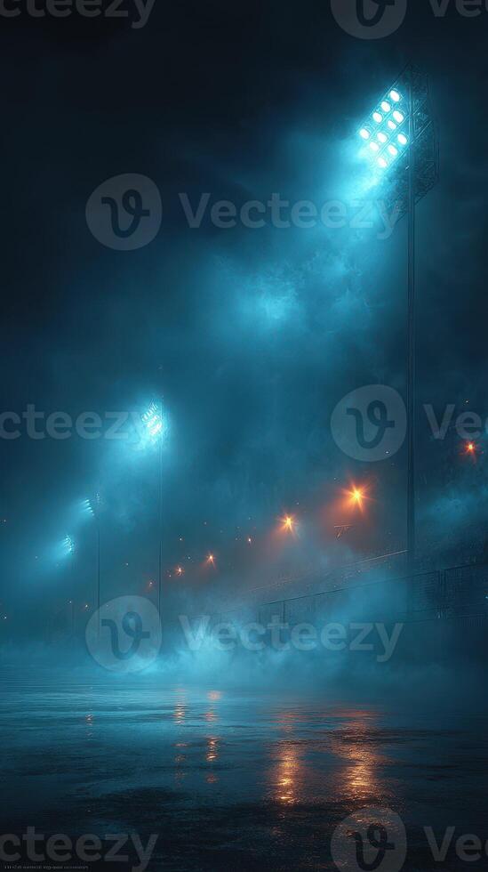 Fog surrounds a dimly lit sports field at night while stadium lights create an eerie atmosphere photo