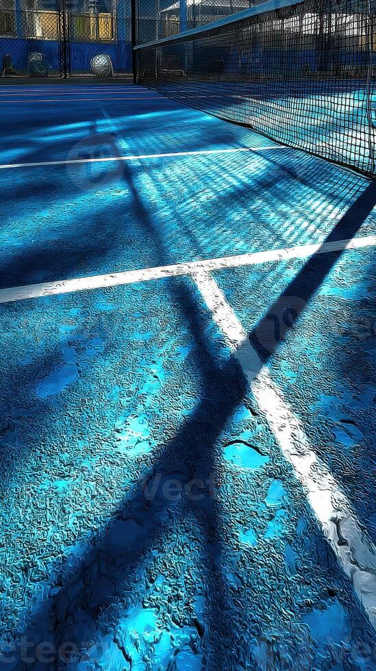 Shadows create abstract patterns on a blue tennis court during a sunny afternoon at a local sports center photo