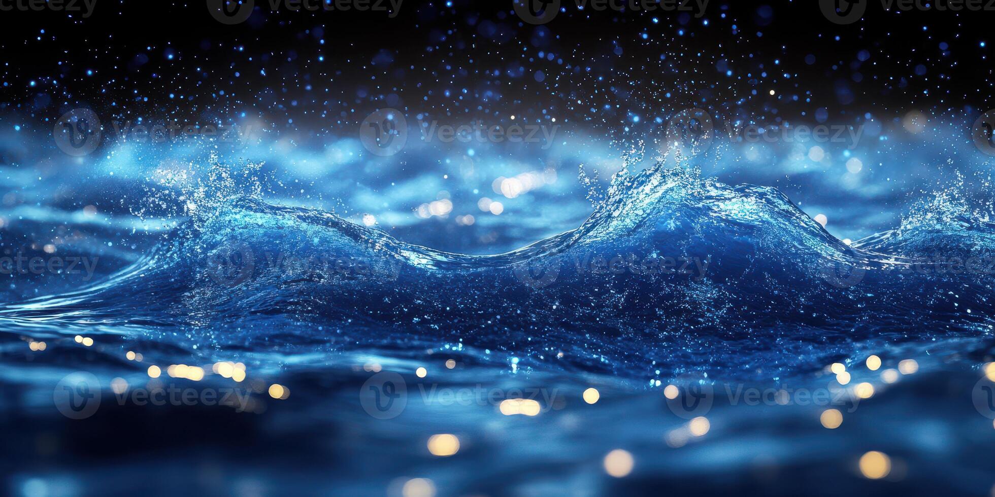 Waves crashing with droplets under shimmering light at night in an aquatic setting photo