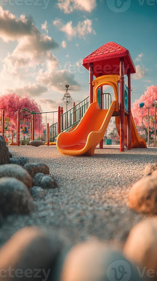Bright yellow slide at a playground surrounded by blooming trees during a sunny afternoon photo