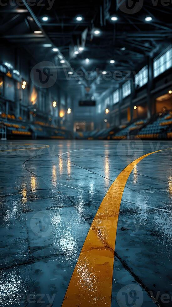 Basketball court with wet surface reflecting lights in a large indoor arena during a quiet moment before the game photo