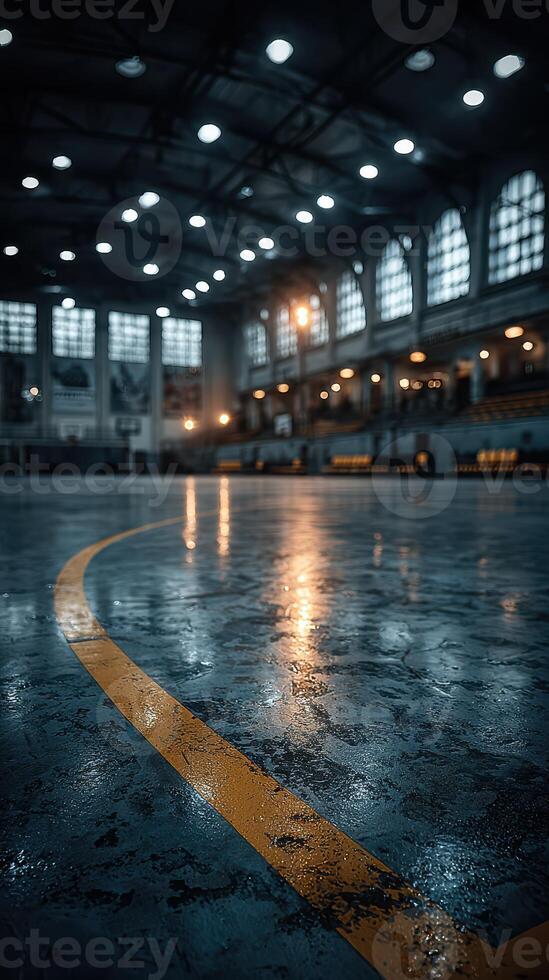Indoor sports arena with glowing lights and polished floor during an evening event photo