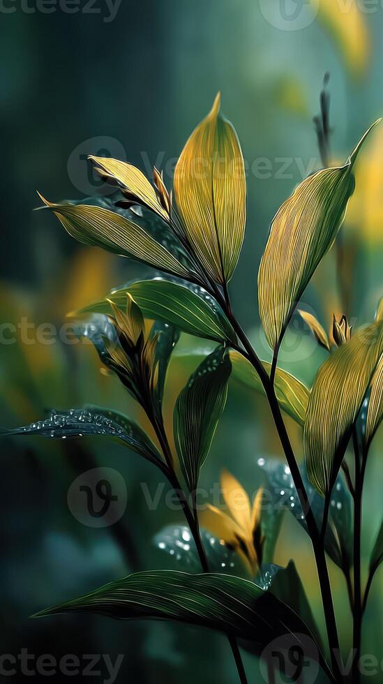 Vibrant green leaves with detailed textures illuminated by soft light in a tranquil forest setting photo