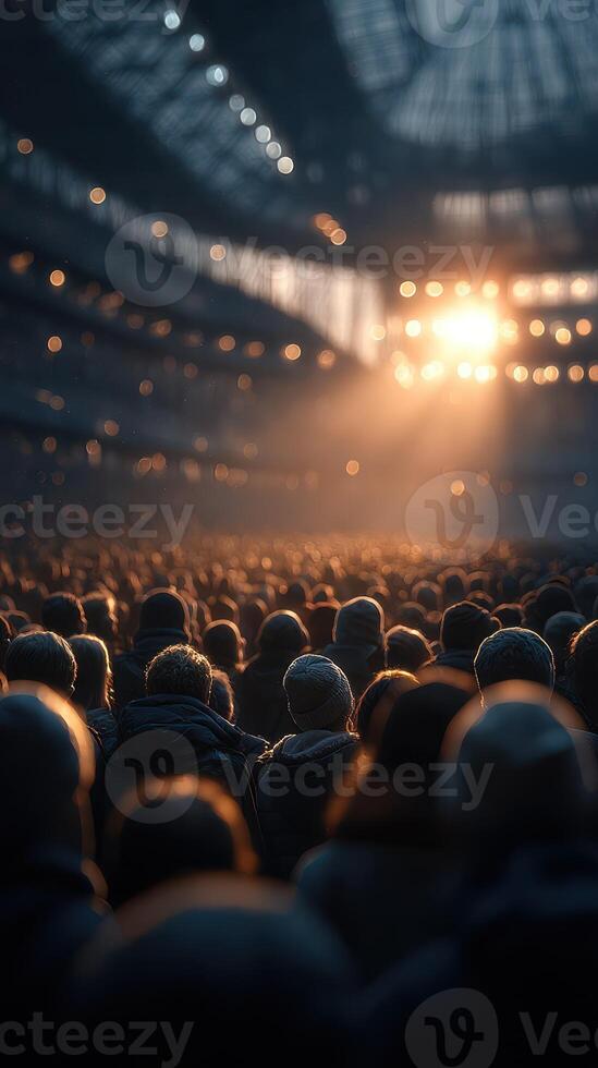 Crowd gathers in excitement as lights illuminate a stadium during a vibrant event at dusk photo