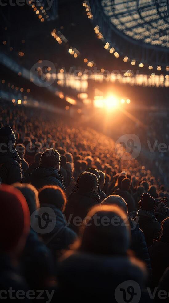 Crowd gathers at stadium during sunset for memorable sporting event filled with excitement and anticipation photo