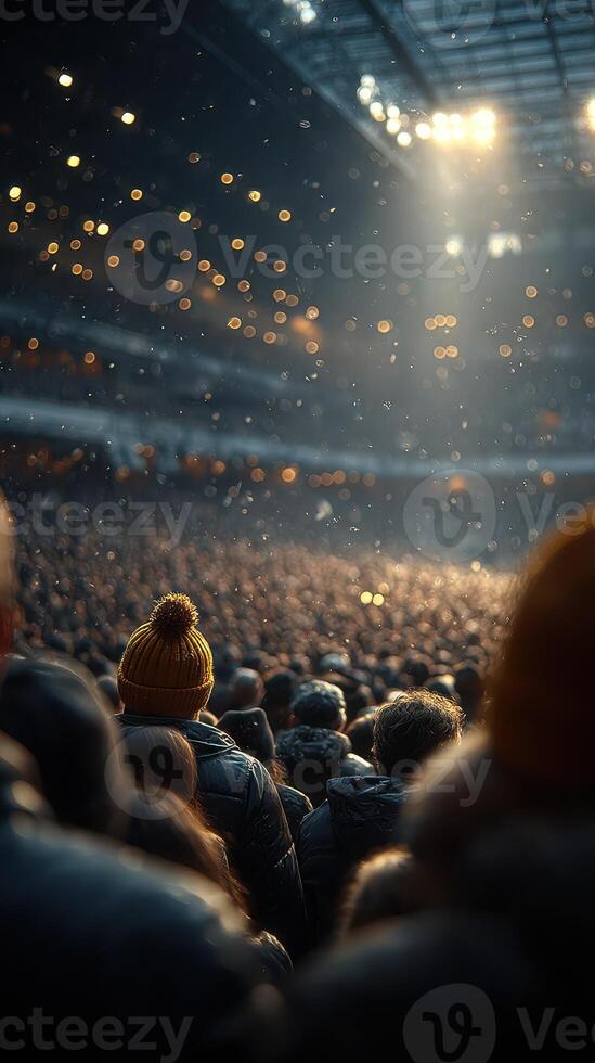 Crowd gathers in a stadium during an evening event with bright lights and a colorful atmosphere photo