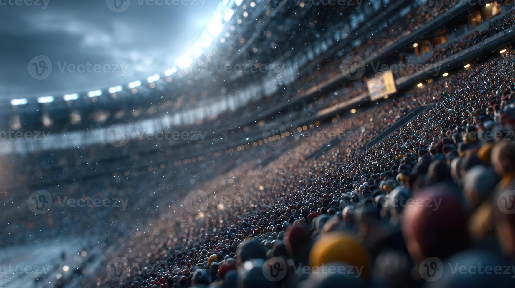 Spectators gather at a sports stadium during an evening event under bright lights and dramatic skies photo