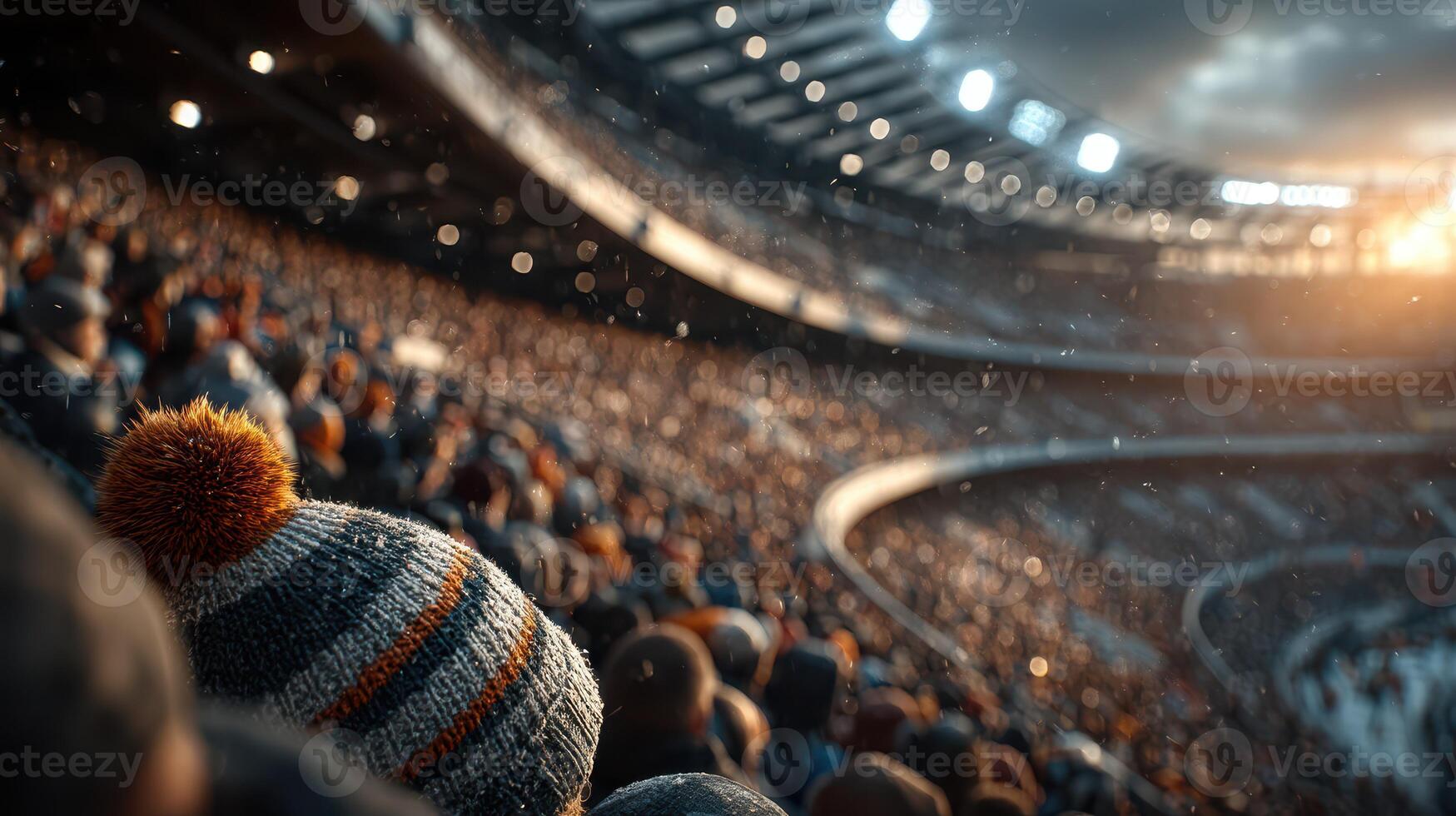 Crowd watches intense sports match at stadium during sunset with snowflakes in the air and excitement evident in the atmosphere photo
