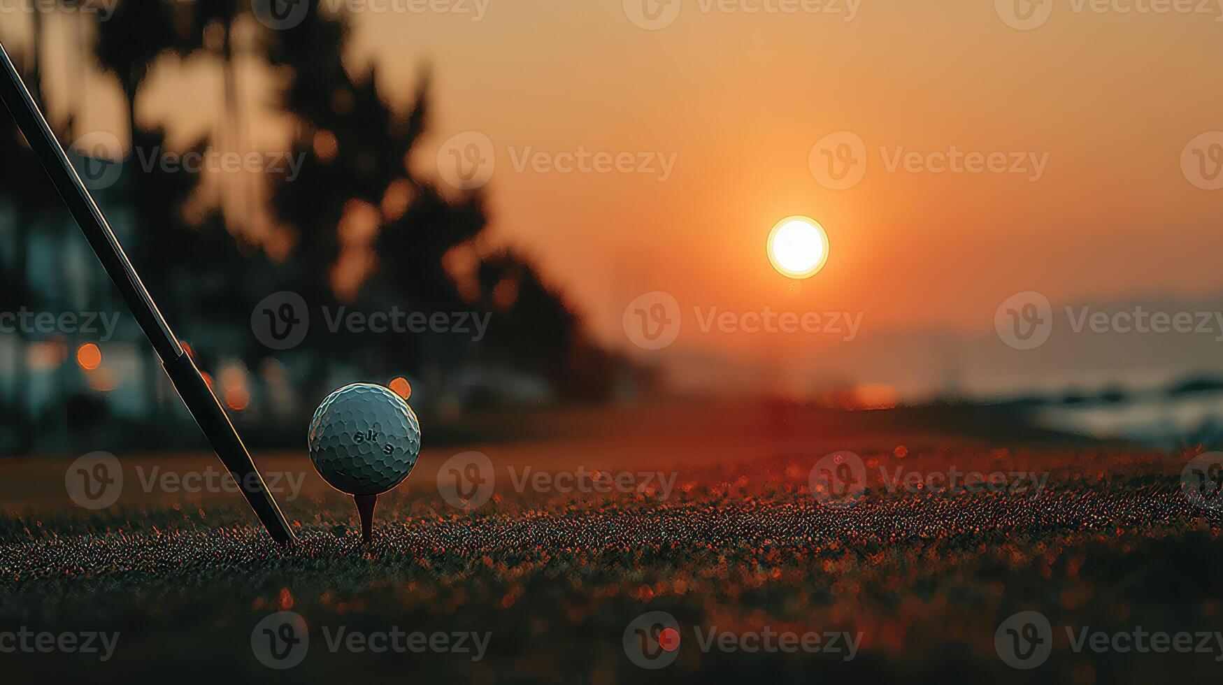 Golf ball ready for swing at sunset on the green with horizon glowing in warm colors photo