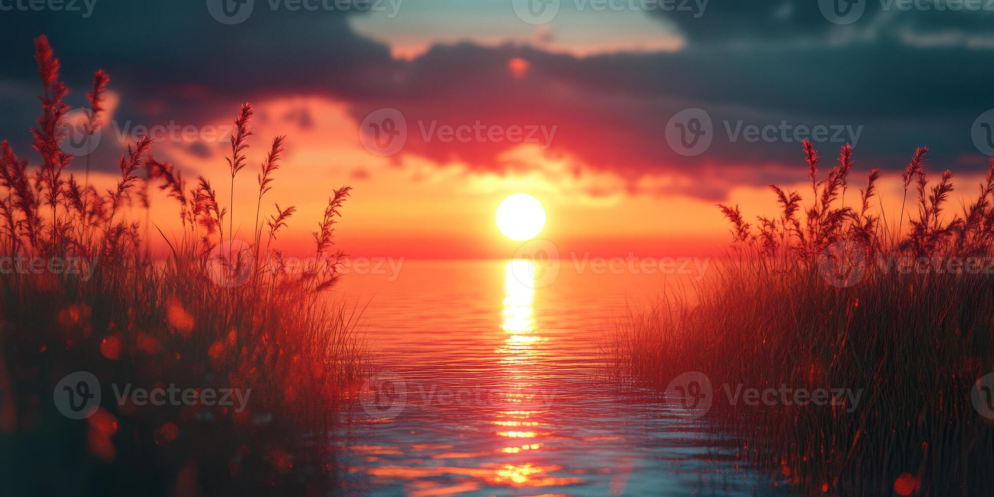 Vibrant sunset over tranquil waters with silhouetted reeds along the shoreline during golden hour photo